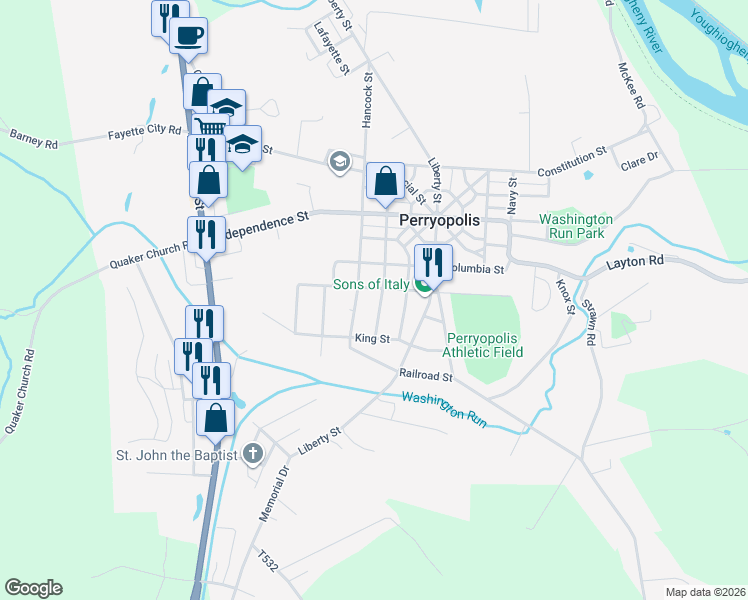 map of restaurants, bars, coffee shops, grocery stores, and more near 113 South Federal Street in Perryopolis