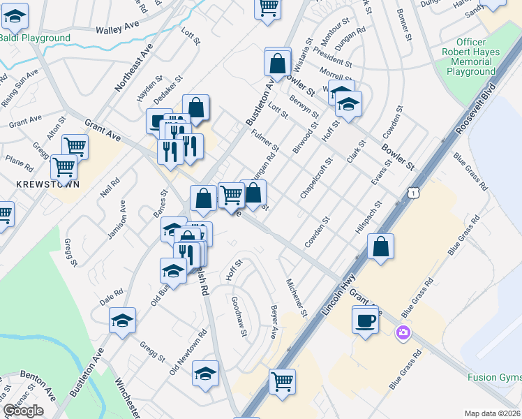 map of restaurants, bars, coffee shops, grocery stores, and more near 9531 Hoff Street in Philadelphia