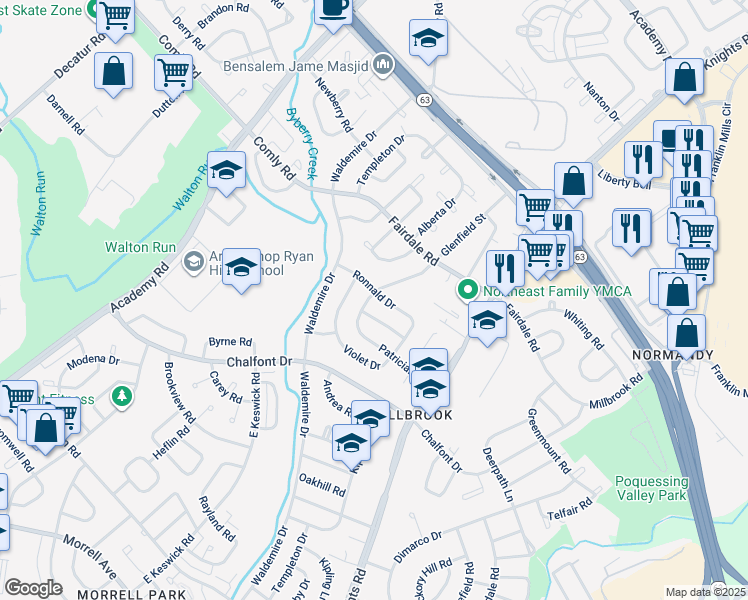 map of restaurants, bars, coffee shops, grocery stores, and more near 3800 Ronnald Drive in Philadelphia