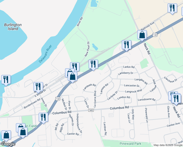 map of restaurants, bars, coffee shops, grocery stores, and more near 1300 U.S. 130 in Burlington