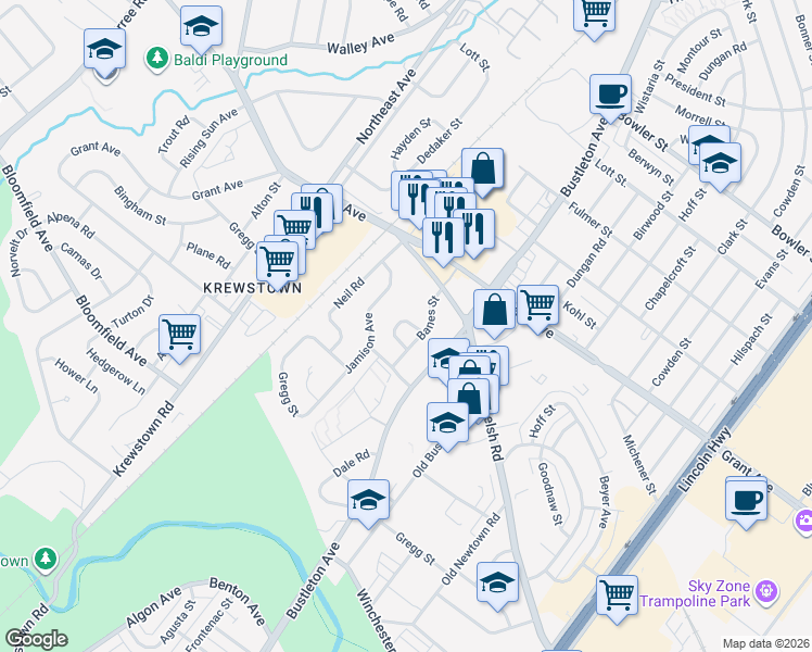 map of restaurants, bars, coffee shops, grocery stores, and more near 1727 Rachael Street in Philadelphia