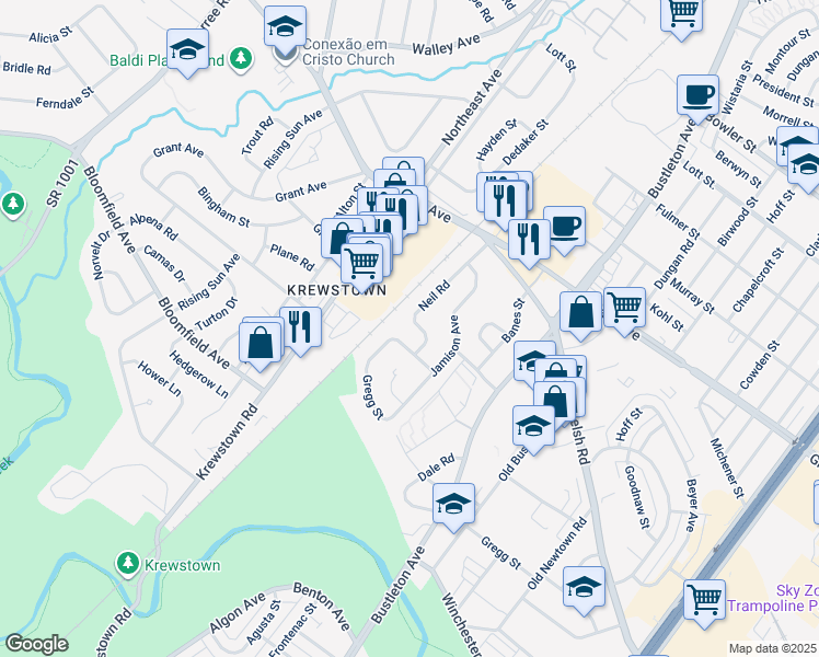 map of restaurants, bars, coffee shops, grocery stores, and more near 9321 Neil Road in Philadelphia