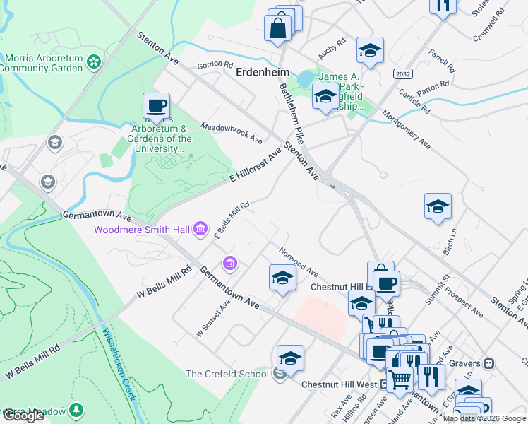map of restaurants, bars, coffee shops, grocery stores, and more near 90 East Bells Mill Road in Philadelphia