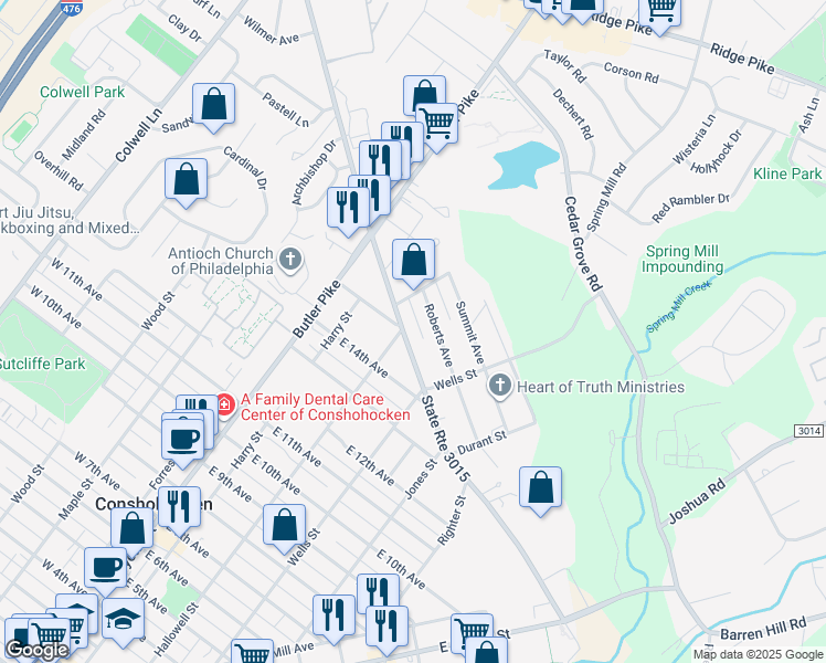 map of restaurants, bars, coffee shops, grocery stores, and more near 241 Roberts Avenue in Conshohocken