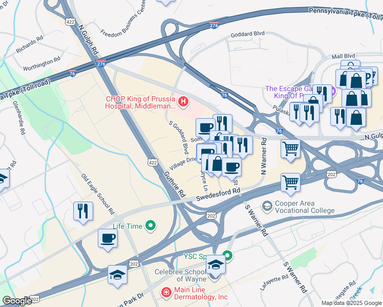 map of restaurants, bars, coffee shops, grocery stores, and more near 300 Village Drive in King of Prussia