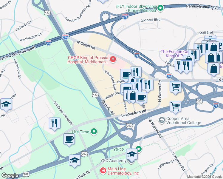 map of restaurants, bars, coffee shops, grocery stores, and more near 350 Village Drive in King of Prussia