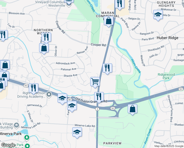 map of restaurants, bars, coffee shops, grocery stores, and more near 3323 Betty Court in Columbus