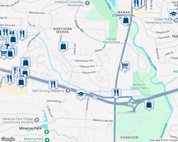 map of restaurants, bars, coffee shops, grocery stores, and more near 3170 Shasta Avenue in Columbus