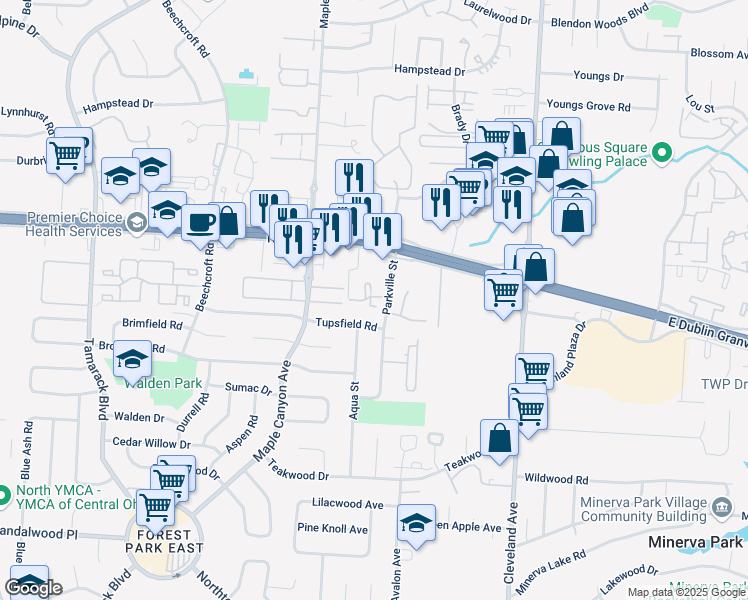 map of restaurants, bars, coffee shops, grocery stores, and more near 2279 Parkville Court in Columbus