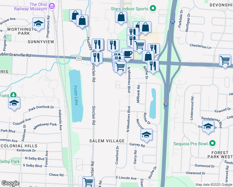 map of restaurants, bars, coffee shops, grocery stores, and more near 869-873 North Meadows Boulevard in Columbus
