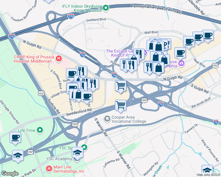 map of restaurants, bars, coffee shops, grocery stores, and more near 200 North Warner Road in King of Prussia