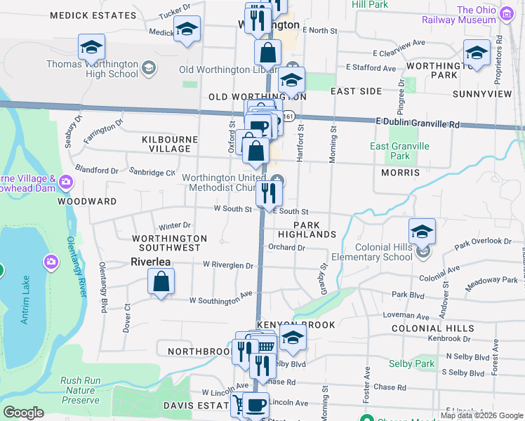 map of restaurants, bars, coffee shops, grocery stores, and more near High St & W South St in Worthington