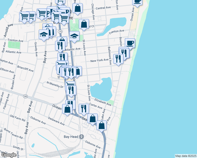 map of restaurants, bars, coffee shops, grocery stores, and more near 301 Newark Avenue in Point Pleasant Beach