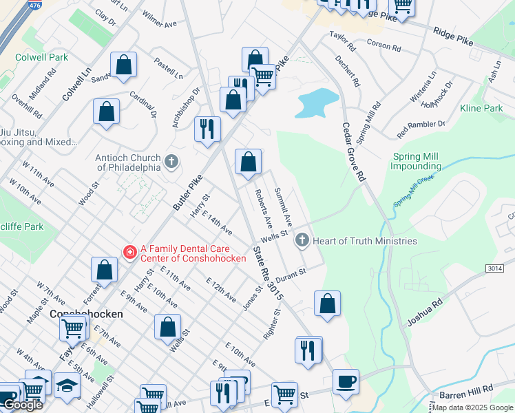 map of restaurants, bars, coffee shops, grocery stores, and more near 241 Roberts Avenue in Conshohocken