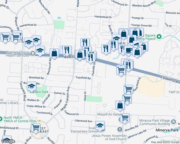 map of restaurants, bars, coffee shops, grocery stores, and more near 2279 Parkville Court in Columbus