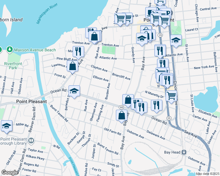 map of restaurants, bars, coffee shops, grocery stores, and more near 1120 Borden Avenue in Point Pleasant