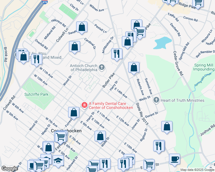 map of restaurants, bars, coffee shops, grocery stores, and more near 1331 State Route 3016 in Conshohocken