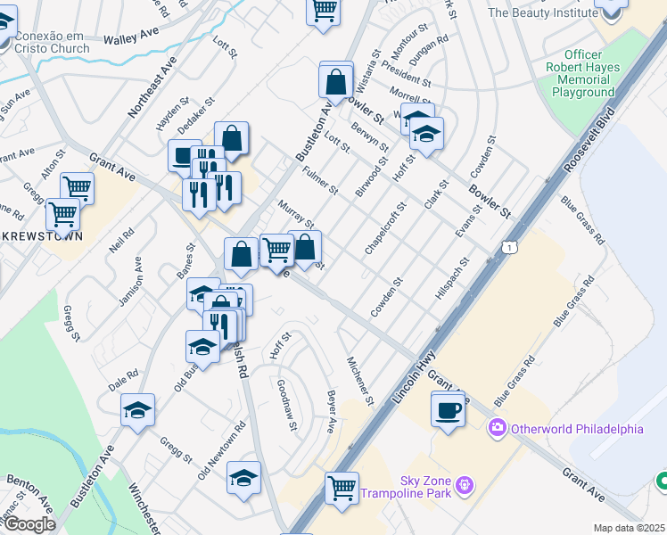 map of restaurants, bars, coffee shops, grocery stores, and more near 9531 Hoff Street in Philadelphia