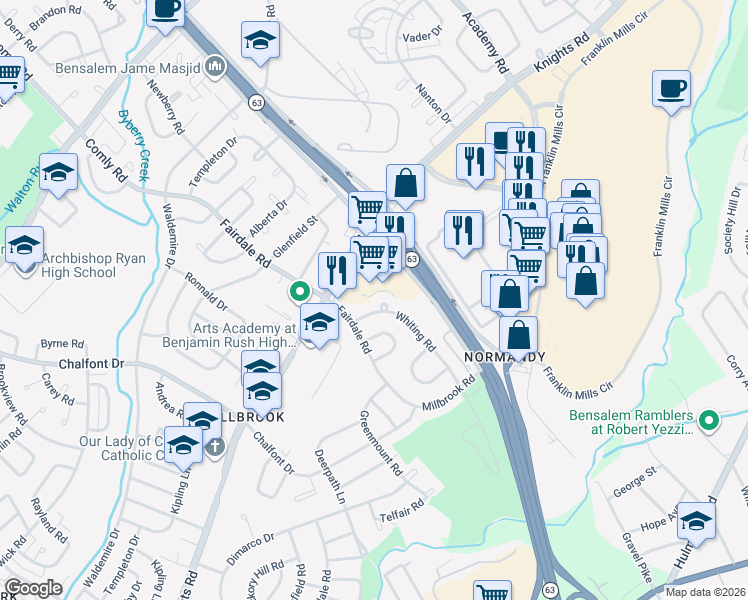 map of restaurants, bars, coffee shops, grocery stores, and more near 4129 Whiting Place in Philadelphia