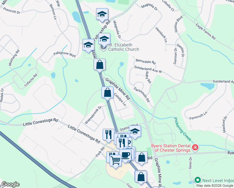 map of restaurants, bars, coffee shops, grocery stores, and more near 602 mockernut ct in Chester Springs