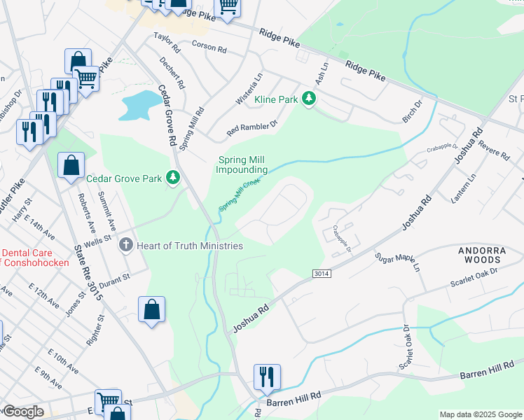 map of restaurants, bars, coffee shops, grocery stores, and more near 2144 Julia Drive in Conshohocken