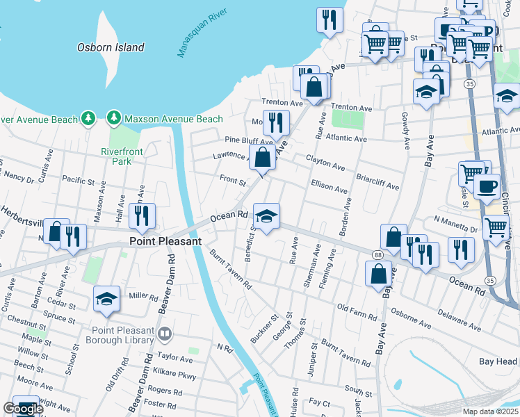 map of restaurants, bars, coffee shops, grocery stores, and more near 1117 Benedict Street in Point Pleasant