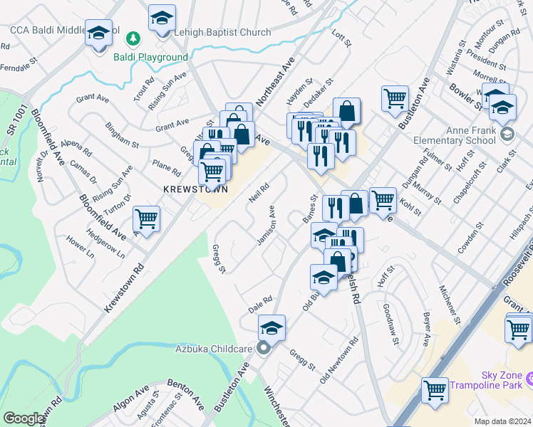 map of restaurants, bars, coffee shops, grocery stores, and more near 9310 Jamison Avenue in Philadelphia