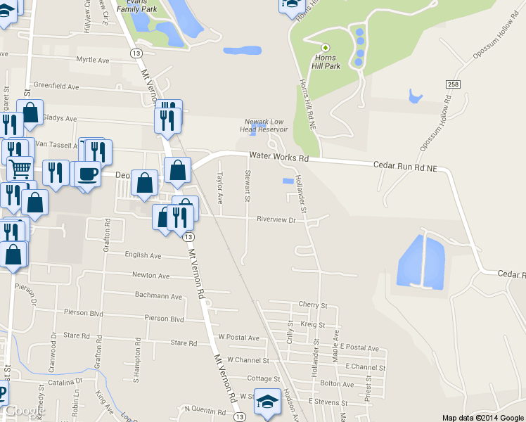 map of restaurants, bars, coffee shops, grocery stores, and more near 124 Riverview Drive in Newark