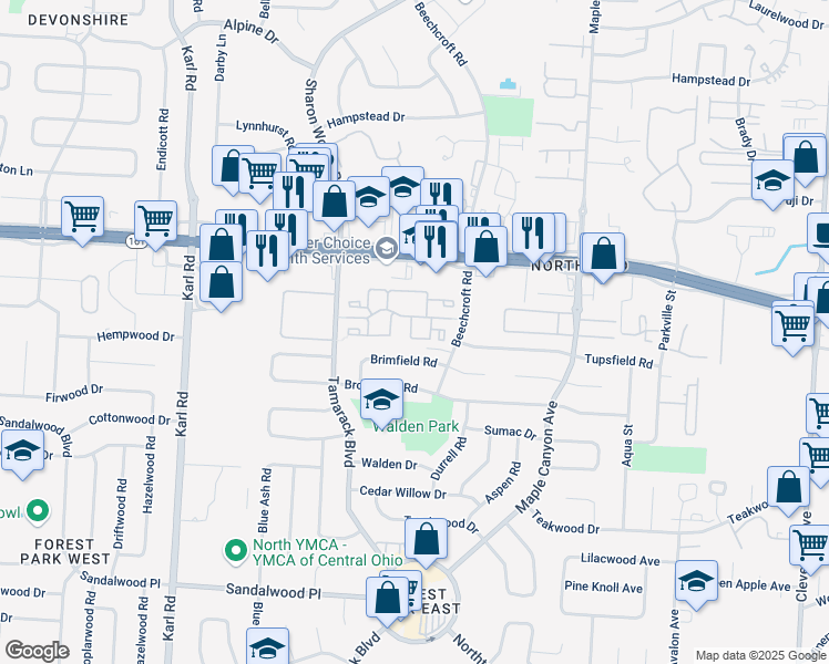 map of restaurants, bars, coffee shops, grocery stores, and more near 5702 Forest Ash Lane in Columbus