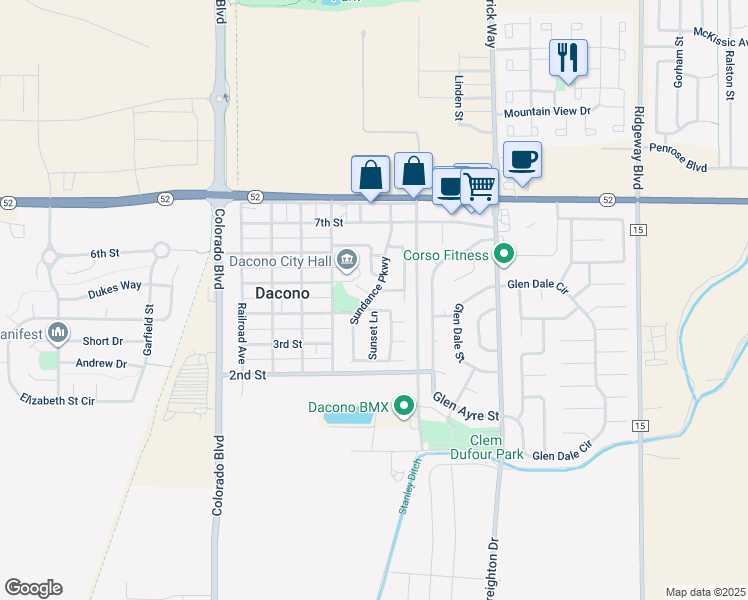 map of restaurants, bars, coffee shops, grocery stores, and more near 404 Sundance Parkway in Dacono