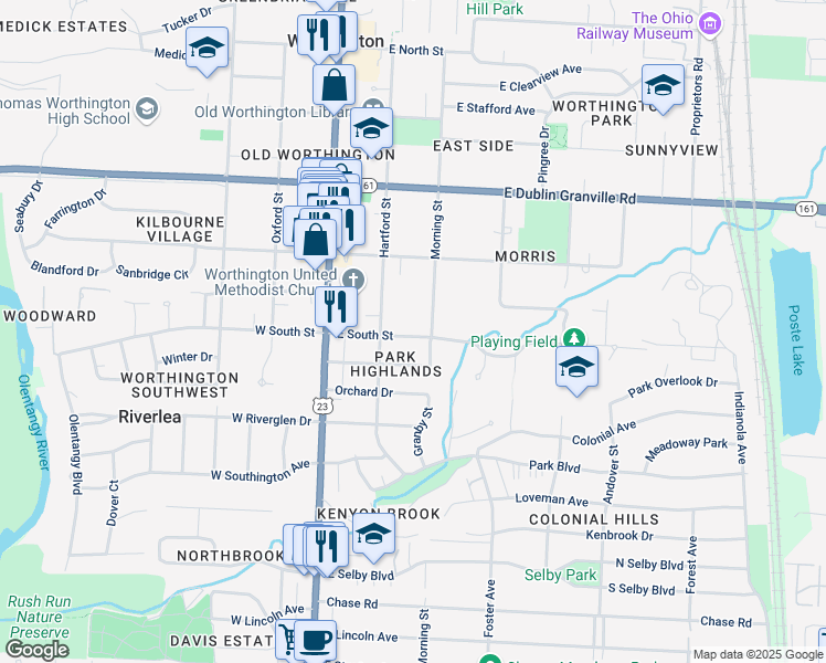 map of restaurants, bars, coffee shops, grocery stores, and more near 162 East South Street in Worthington