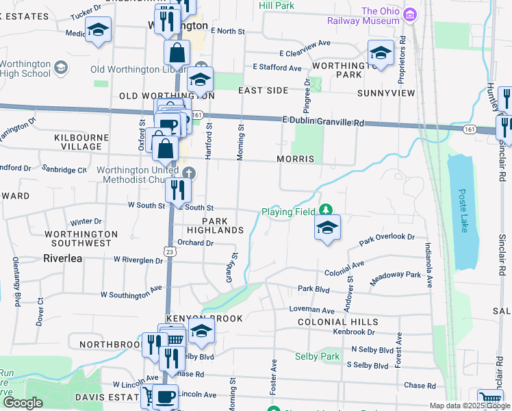 map of restaurants, bars, coffee shops, grocery stores, and more near 200 East South Street in Worthington