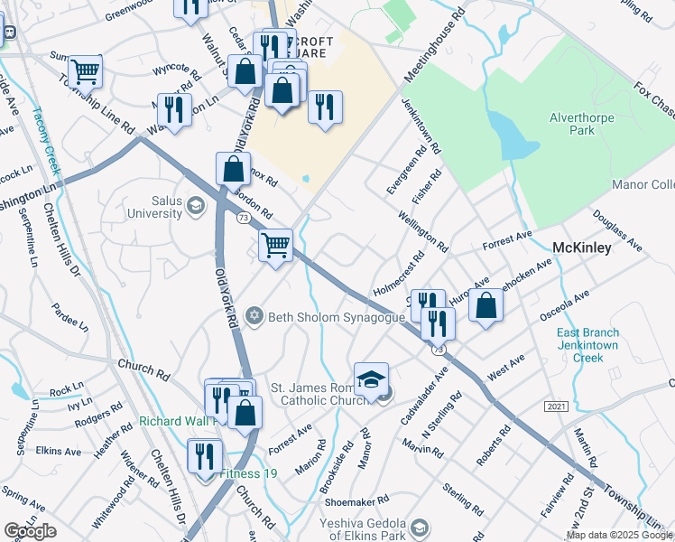 map of restaurants, bars, coffee shops, grocery stores, and more near 1072 Sparrow Road in Jenkintown