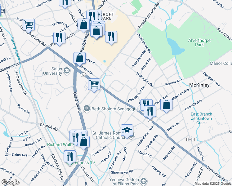 map of restaurants, bars, coffee shops, grocery stores, and more near 1072 Sparrow Road in Jenkintown