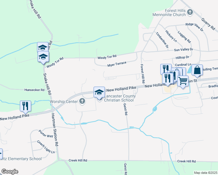 map of restaurants, bars, coffee shops, grocery stores, and more near 2399 New Holland Pike in Lancaster