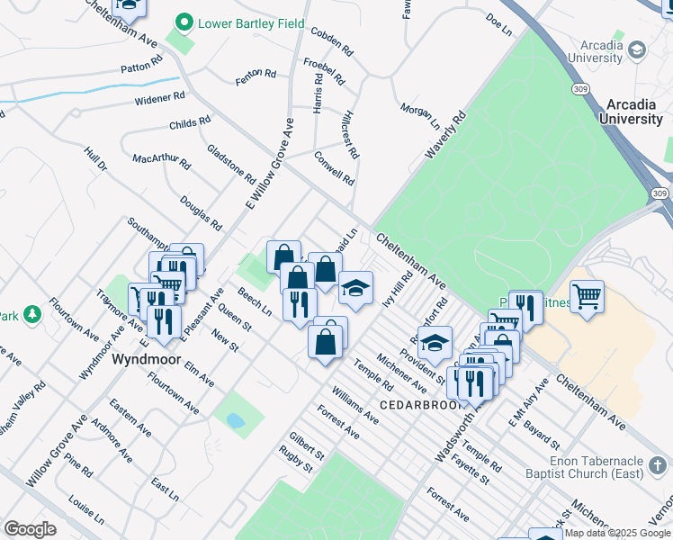 map of restaurants, bars, coffee shops, grocery stores, and more near 1408 East Mermaid Lane in Wyndmoor