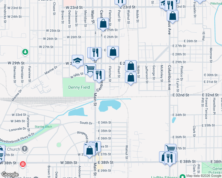 map of restaurants, bars, coffee shops, grocery stores, and more near 3118 Fletcher Street in Anderson