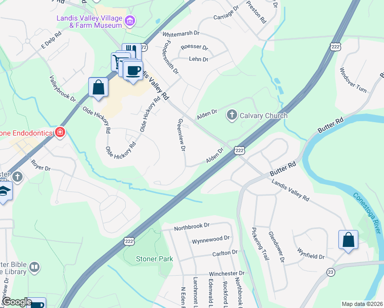 map of restaurants, bars, coffee shops, grocery stores, and more near 348 Greenview Drive in Lancaster