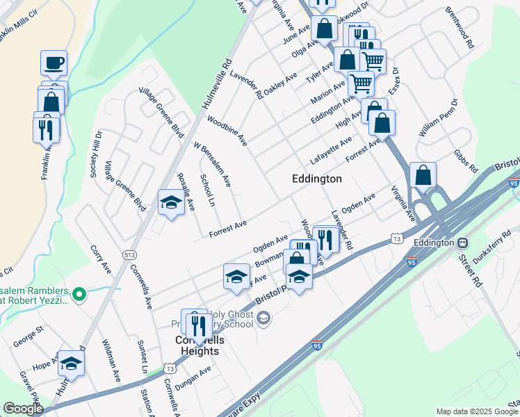 map of restaurants, bars, coffee shops, grocery stores, and more near 2550 Forrest Avenue in Eddington