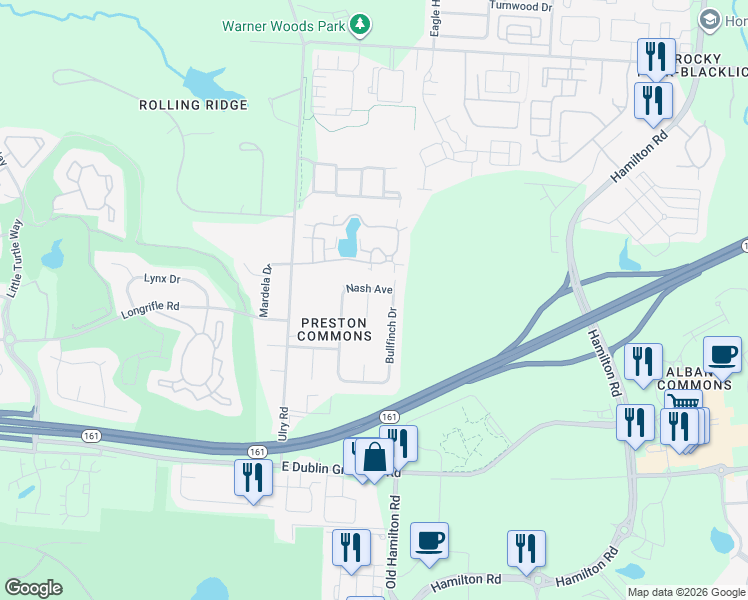 map of restaurants, bars, coffee shops, grocery stores, and more near 5524 Nash Place in Westerville