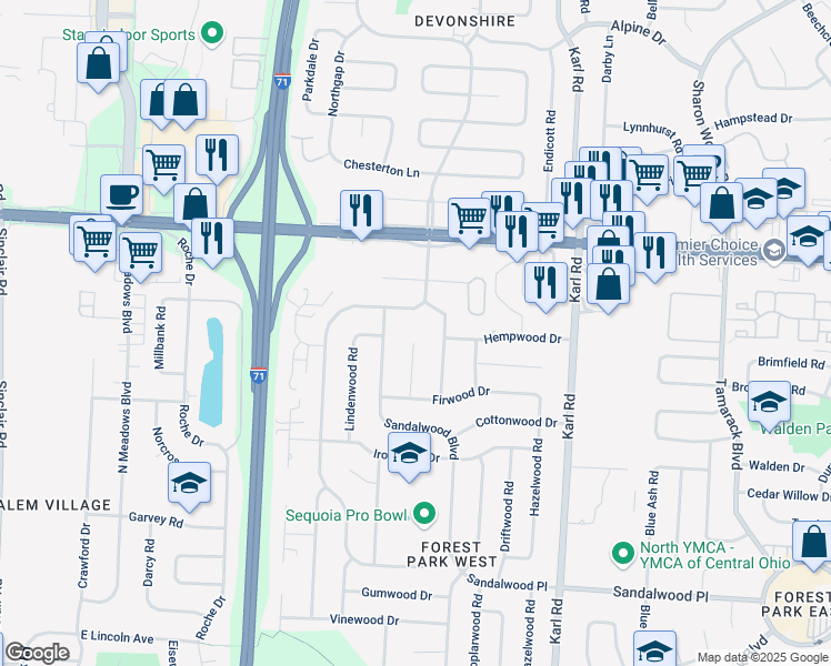 map of restaurants, bars, coffee shops, grocery stores, and more near 5770 Firwood Place in Columbus