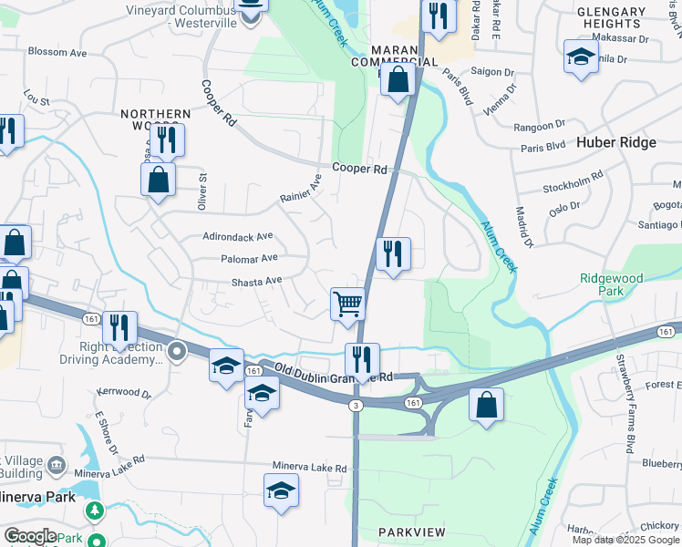 map of restaurants, bars, coffee shops, grocery stores, and more near 3323 Betty Court in Columbus