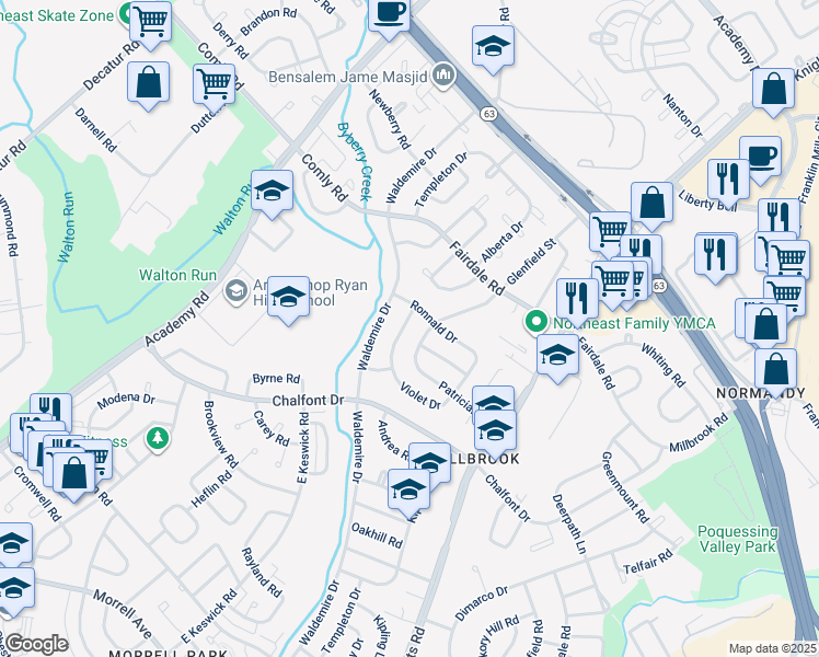 map of restaurants, bars, coffee shops, grocery stores, and more near 11131 Templeton Drive in Philadelphia