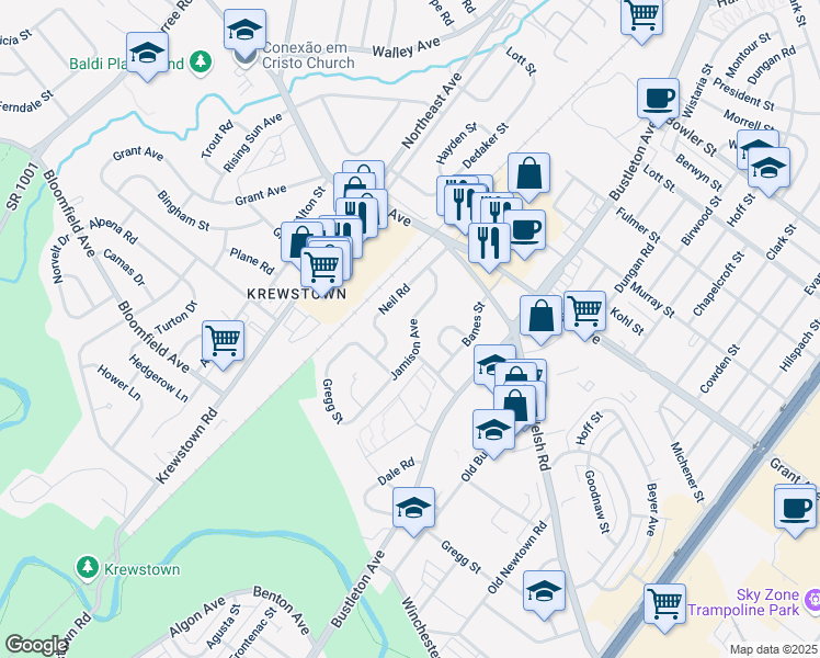 map of restaurants, bars, coffee shops, grocery stores, and more near 9321 Jamison Avenue in Philadelphia