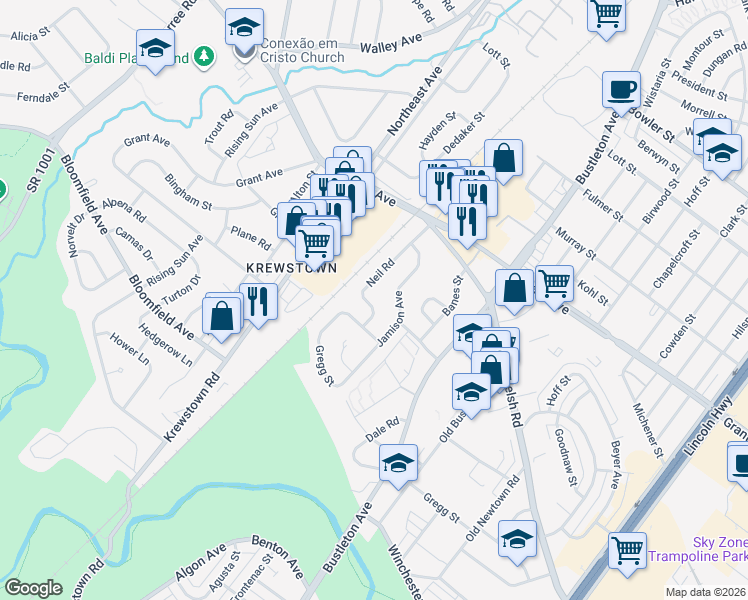 map of restaurants, bars, coffee shops, grocery stores, and more near 9321 Neil Road in Philadelphia