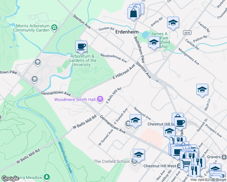 map of restaurants, bars, coffee shops, grocery stores, and more near 97 East Bells Mill Road in Philadelphia