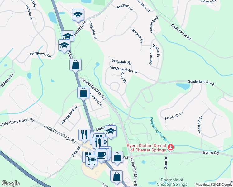 map of restaurants, bars, coffee shops, grocery stores, and more near 325 Dartmouth Road in Chester Springs
