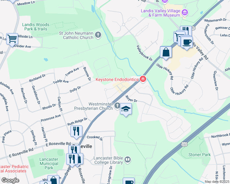 map of restaurants, bars, coffee shops, grocery stores, and more near 485 Royer Drive in Lancaster