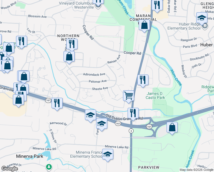 map of restaurants, bars, coffee shops, grocery stores, and more near 3232 Shasta Avenue in Columbus