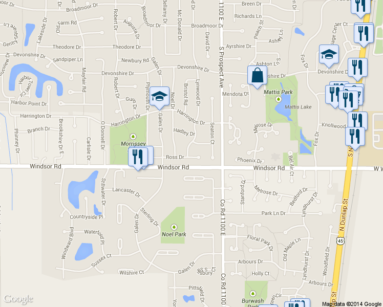 map of restaurants, bars, coffee shops, grocery stores, and more near 2306 Lynwood Dr in Champaign